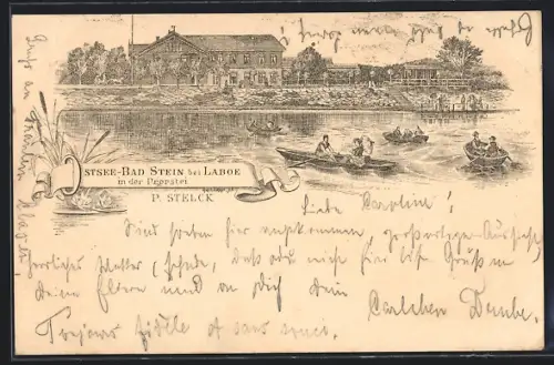 Vorläufer-Lithographie Stein bei Laboe, 1895, Ruderboote am Ufer