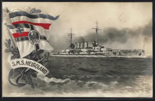 AK Kriegsschiff S.M.S. Helgoland bei leichtem Wellengang, Reichskriegsflagge