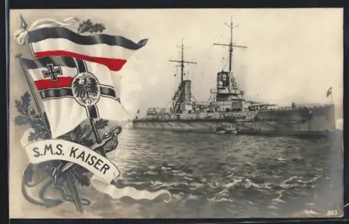 AK Kriegsschiff S.M.S. Kaiser, Reichskriegsflagge und Anker
