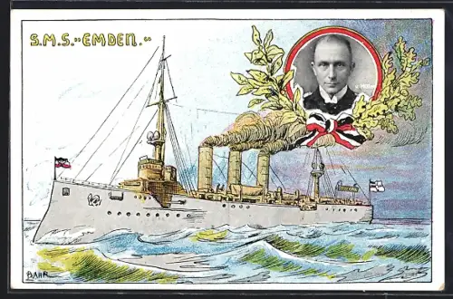 Künstler-AK Kriegsschiff SMS Emden vom Ostasiengeschwader, Fregattenkapitän von Müller