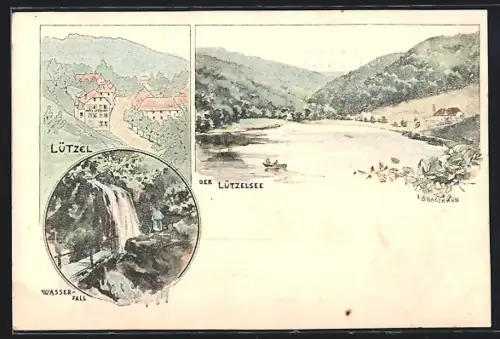 Künstler-AK Pleigne, Lützel, Wasserfall, Lützelsee