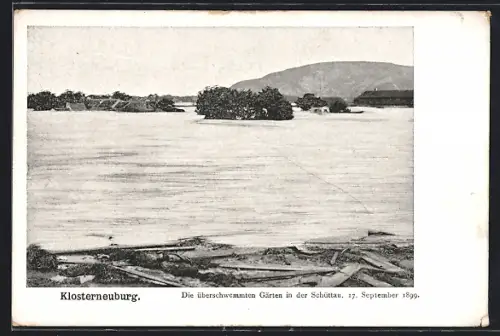 AK Klosterneuburg, Die überschwemmten Gärten in der Schüttau am 17. September 1899, Hochwasser