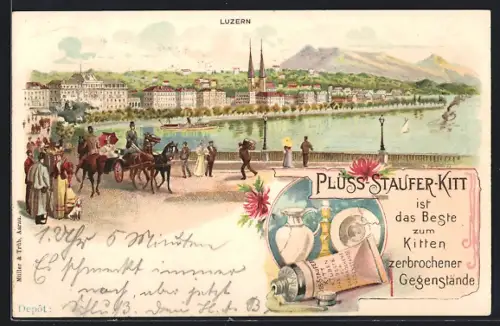Lithographie Luzern, Ortsansicht, Reklame für Plüss-Staufer-Kitt