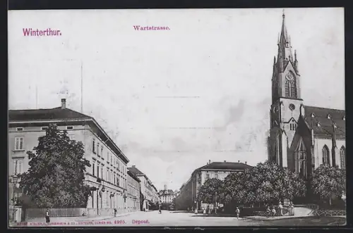 AK Winterthur, Wartstrasse mit Kirche