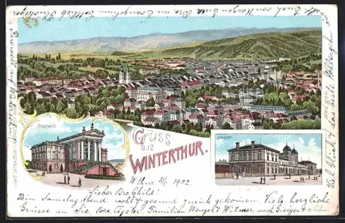 Lithographie Winterthur, Bahnhof, Stadthaus, Ortsansicht