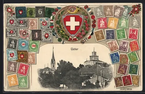AK Uster, Ortsansicht, Wappen und Briefmarken