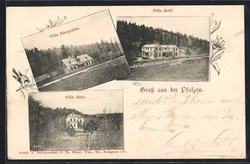 AK Pressbaum, Gruss aus der Pfalzau, Villa Maygraber, Villa Rabl, Villa Klein