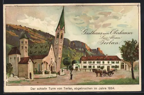 Künstler-AK Terlan, Schiefer Turm und Gasthaus zum Oberhauser