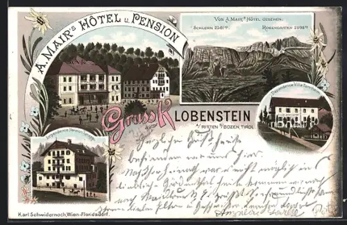 Lithographie Klobenstein, A. Mairs Hotel, Dependancen Pension Tunegg und Villa Tannheim