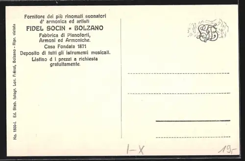 Künstler-AK Bolzano, Fidel Socin, Fabbrica di Pianoforti Armoni ed Armoniche, Casa Fondata 1871