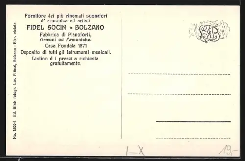 Künstler-AK Bolzano, Fidel Socin, Fabbrica di Pianoforti Armoni ed Armoniche, Casa Fondata 1871