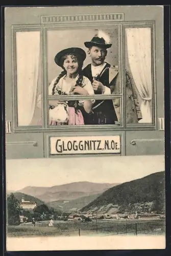 AK Gloggnitz /N. Oe., Ortsansicht aus der Vogelschau, Paar in Tracht
