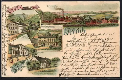 Lithographie Köpprich, Gasthof zum Köpprichthal, Gasthof zum Copernicus, Barbarahütte