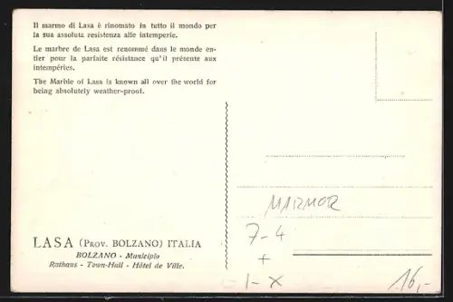 AK Lasa /Prov. Bolzano, Rathaus, Lasamarmo, Marmor