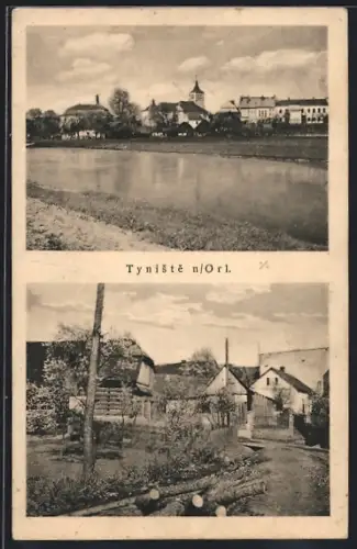 AK Tyniste n. Orl., Ortspartie, Ortspanorama mit Fluss u. Kirche