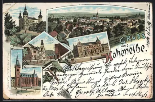 Lithographie Hohenelbe / Vrchlabi, Schloss, Hauptstrasse, Schule, Kirche