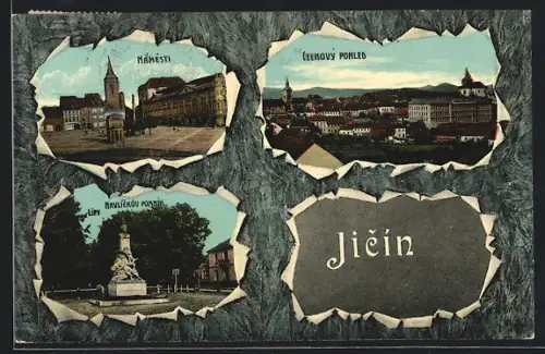 AK Jitschin / Gitschin / Jicin, Denkmal, Marktplatz, Gesamtansicht