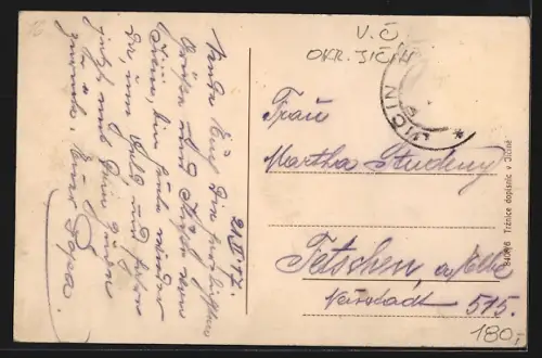 AK Jicin, Marktplatz mit Brunnen und Kirche im Winter