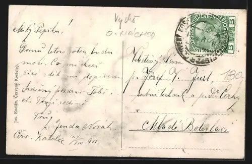 AK Cerveny Kostelec, Platzansicht mit Denkmal und Häusern