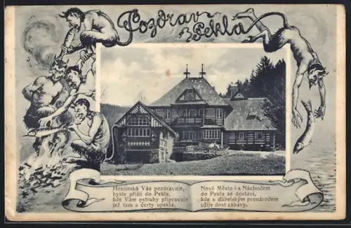 AK Peklo, Gasthaus, Teufel mit Fischen, Gedicht