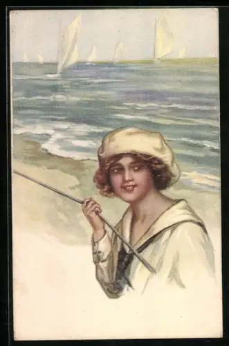 Künstler-AK Mädchen am Strand