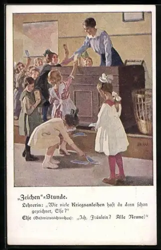 Künstler-AK Brynolf Wennerberg: Zeichen-Stunde, Kinder zeichnen Kriegsanleihen