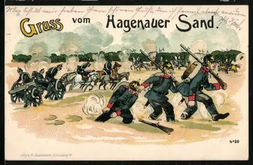 Lithographie Hagenau, Gruss vom Hagenauer Sand, Soldaten mit Gewehr und Pickelhaube versinken im Hagenauer Sand