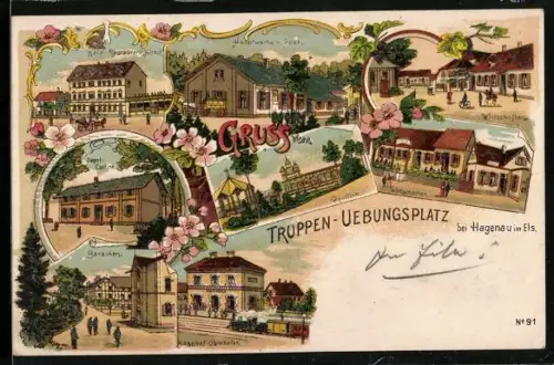 Lithographie Hagenau, Ansichten vom Truppenübungsplatz, Baracken, Hauptwache, Wirtschaften