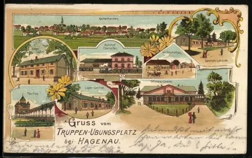 Künstler-AK Hagenau, Truppen-Übungsplatz, Wirtschaften, Offiziers-Casino, Generals-Gebäude