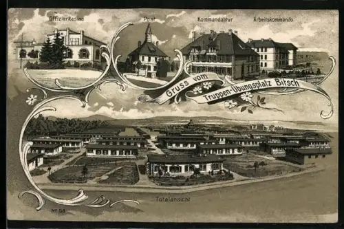 Lithographie Bitsch, Truppenübungsplatz mit Offizierkasino, Kommandantur und Post