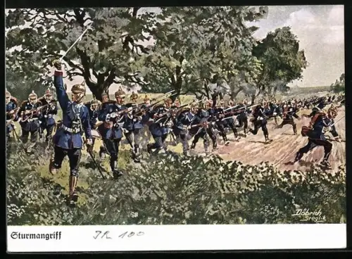 Künstler-AK Döbrich-Steglitz: Soldaten beim Sturmangriff