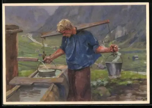 Künstler-AK Pro Juventute, Das Wasser, Bauer an Brunnen