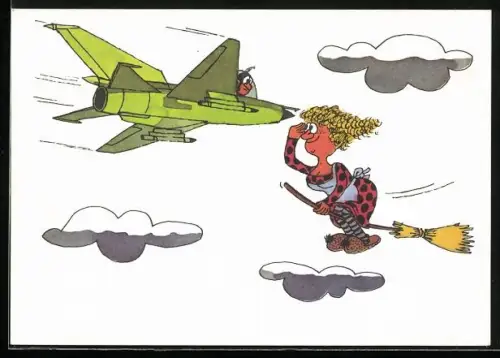 AK Flugzeug der NVA und Frau auf Besen in der Luft