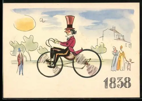 AK Reklame Pirelli, la storia della bicicletta, i pionieri, Macmillan, Radfahrer 1838, Mann mit Zylinder