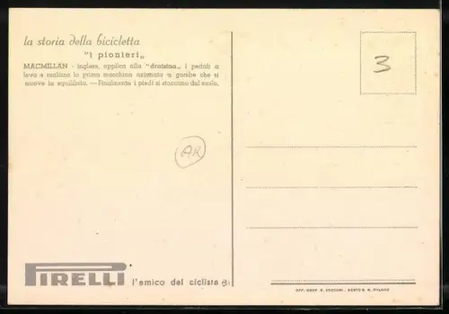 AK Reklame Pirelli, la storia della bicicletta, i pionieri, Macmillan, Radfahrer 1838, Mann mit Zylinder