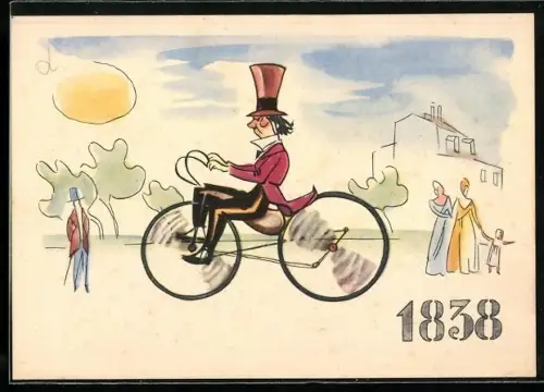 AK Reklame Pirelli, la storia della bicicletta, i pionieri, Macmillan, Radfahrer 1838, Mann mit Zylinder