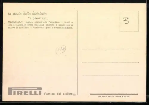 AK Reklame Pirelli, la storia della bicicletta, i pionieri, Macmillan, Radfahrer 1838, Mann mit Zylinder
