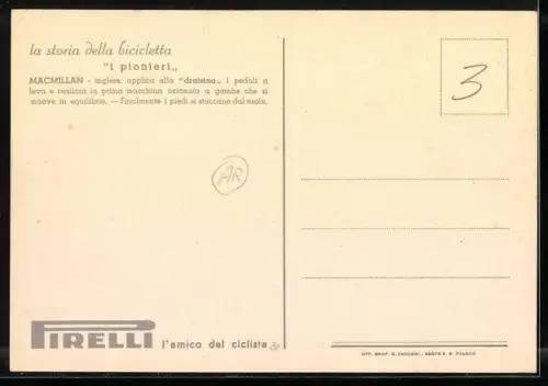 AK Reklame Pirelli, la storia della bicicletta, i pionieri, Macmillan, Radfahrer 1838, Mann mit Zylinder
