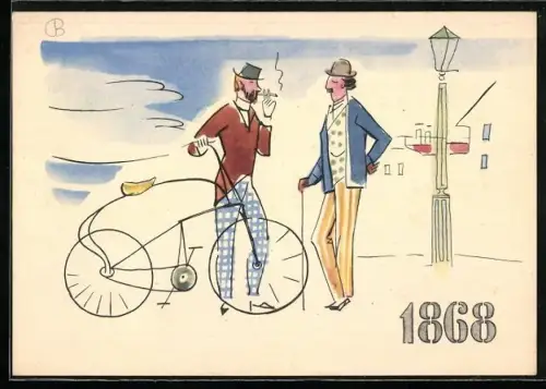 AK Reklame Pirelli, la storia della bicicletta, i pionieri, Guilmet, Radfahrer des Jahres 1868