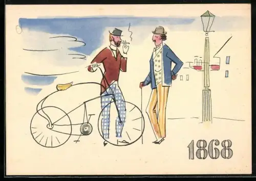 AK Reklame Pirelli, la storia della bicicletta, i pionieri, Guilmet, Radfahrer des Jahres 1868