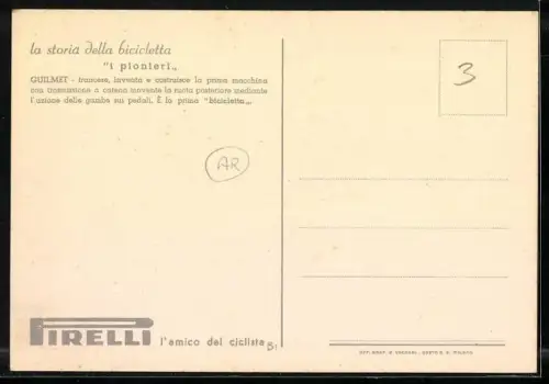 AK Reklame Pirelli, la storia della bicicletta, i pionieri, Guilmet, Radfahrer des Jahres 1868