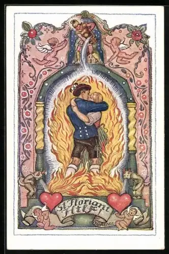 Künstler-AK Deutscher Schulverein Nr. 1261: St. Floriani hilf!, Paar im unlöschbaren Feuer der Liebe