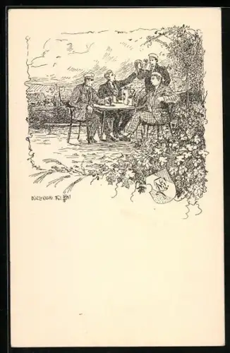 AK feiernde Studenten trinken Bier im Garten vor der Stadt, Wappen