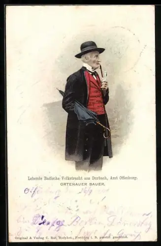 AK Durchbach, Ortenauer Bauer mit Pfeife und Regenschirm in badischer Volkstracht