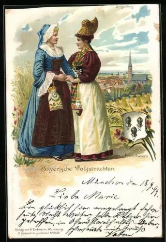 Lithographie Bayerische Volkstrachten, Dongolfing, Niederbayern