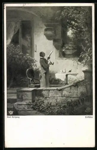 Künstler-AK Carl Spitzweg: Lektüre, Herr liest Zeitung beim Rauchen der Pfeife
