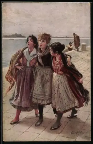 Künstler-AK sign. L. Passin: Drei Frauen in Tracht laufen am Hafen