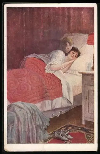 Künstler-AK C.Benesch: süsses Träumen, Mann küsst seine schlafende Frau