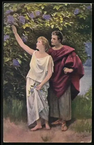 Künstler-AK Arno von Riesen: Einst im Mai, Paar vor einem Fliederstrauch