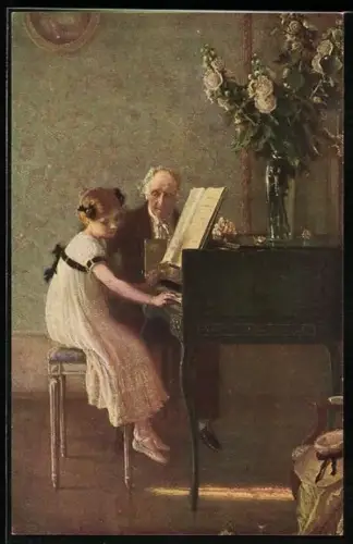 AK alter Mann sitzt mit jungem Mädchen am Klavier